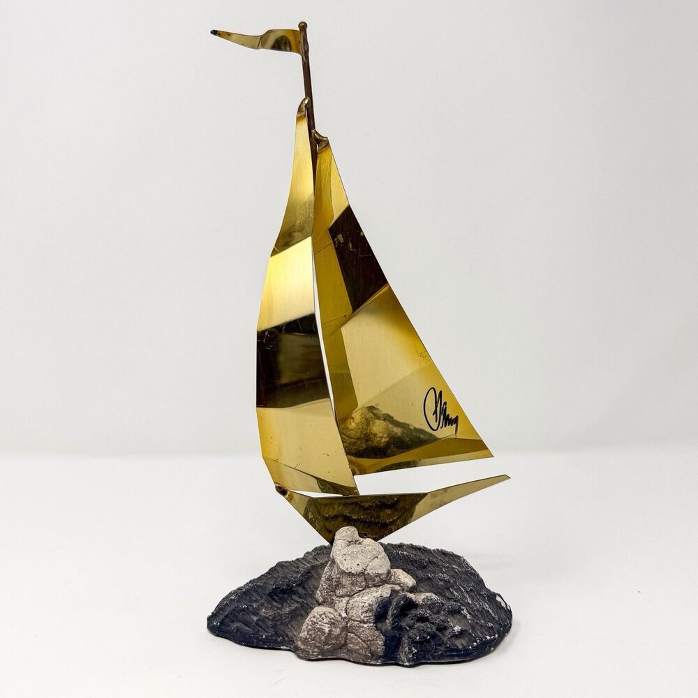 Vintage Brass Sailboat Sculpture Signed Modern Nautical Art Rocky Base Decor